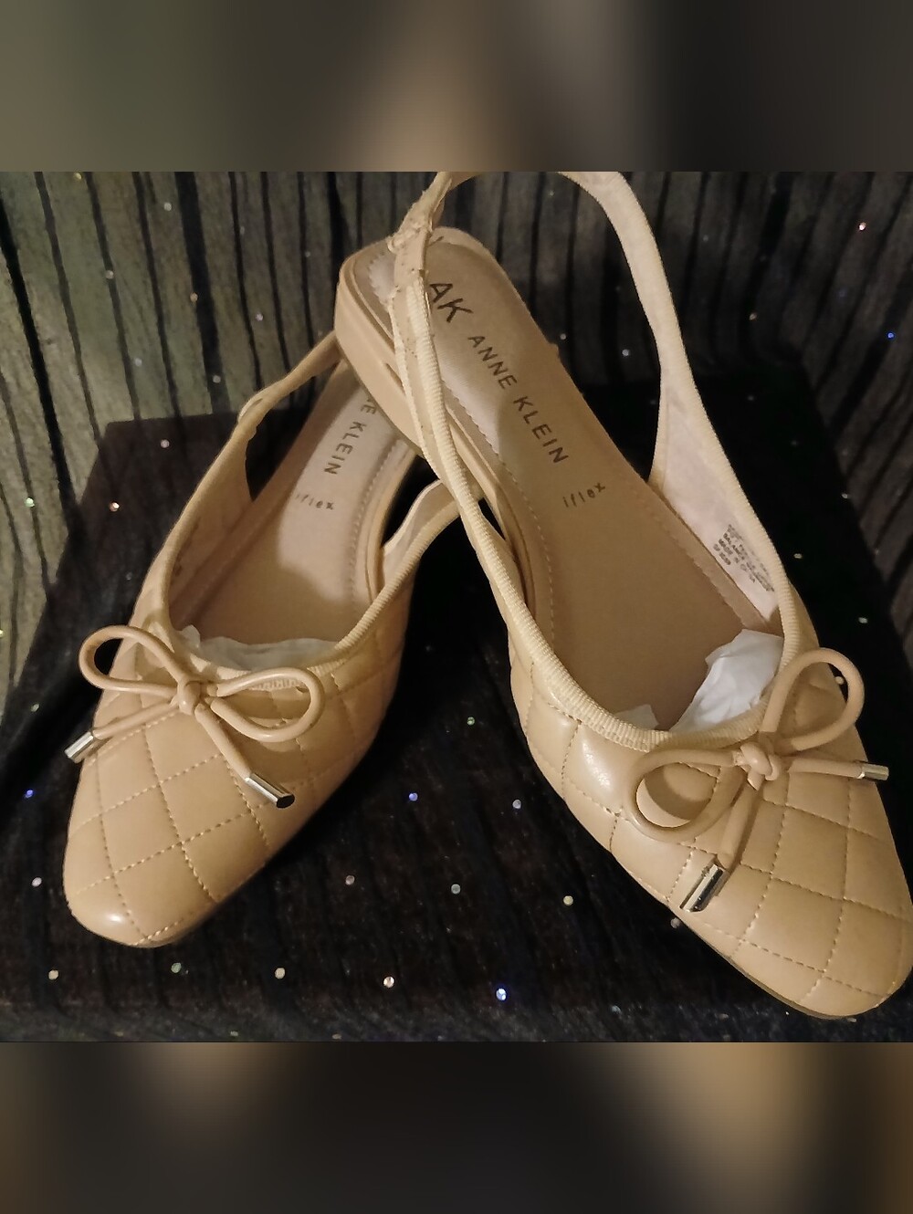 Anne Klein Beige Quilted Slingback Flats with Bow